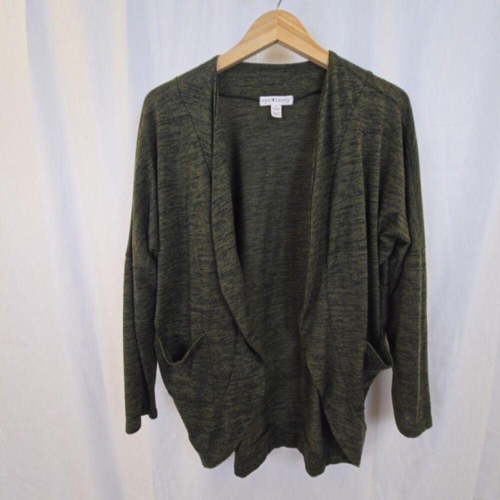 Eye Candy Sweater Cardigan Womens Large Green Open Front Pockets Soft Knit